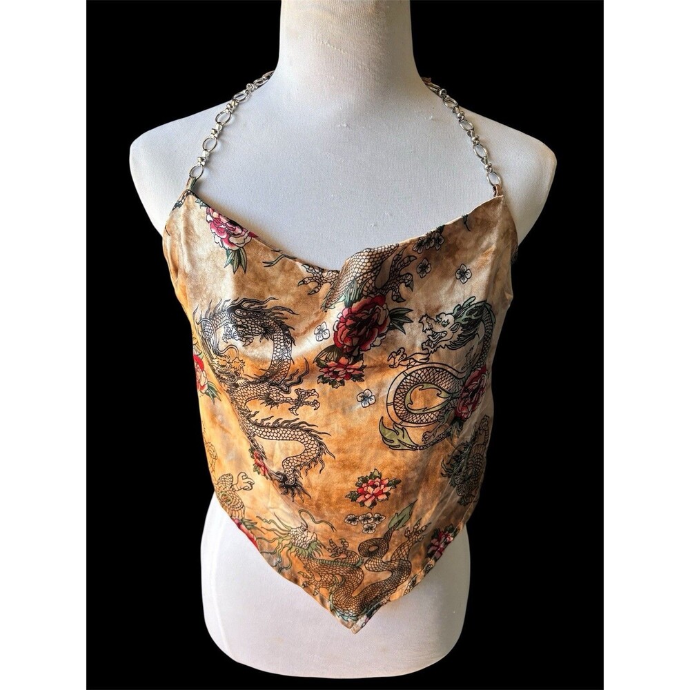 Vtg Y2K Dragon Tie Dye Rose Satin Fantasy Print Halter Scarf Top J For Justify S